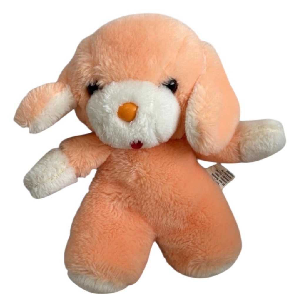 Vintage Peach Puppy Dog Plush Stuffed Animal White Paws Orange Nose 8 Inch